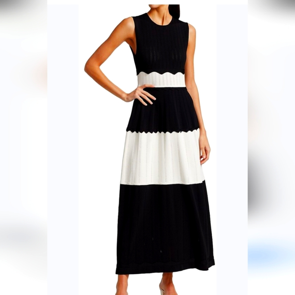 Lela Rose Black & White Colorblock Knit Midi Dress